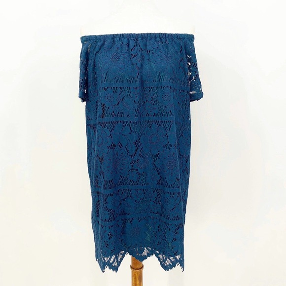 Ann Taylor Loft Womens Off-Shoulder Lace Dress XS Blue Scalloped Hem Romantic - Picture 2 of 7